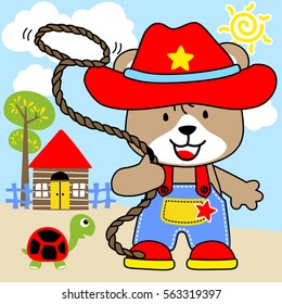 Vector illustration of cartoon little bear in cowboy costume playing lasso with turtle