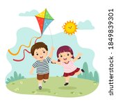 Vector illustration cartoon of a little boy and girl flying the kite. Siblings playing together.