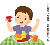 Vector illustration cartoon of a little boy eating red apple and showing his strength.