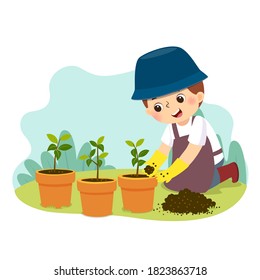 Vector illustration cartoon of a little boy doing gardening. Kids doing housework chores at home concept