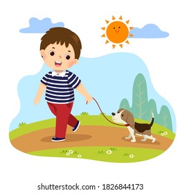 Vector illustration cartoon of a little boy taking his dog for a walk outdoors in nature. Kids doing housework chores at home concept