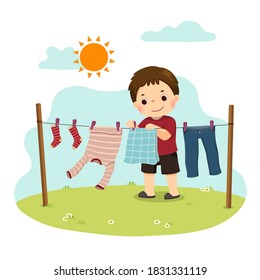 Vector illustration cartoon of a little boy hanging the laundry on the backyard. Kids doing housework chores at home concept.