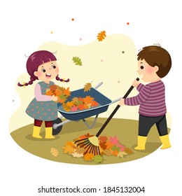 Vector Illustration Cartoon Of A Little Boy And Girl Raking The Leaves. Kids Doing Housework Chores At Home Concept.