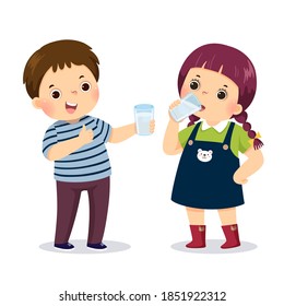 Vector illustration cartoon of a little boy holding glass of water and showing thumb up sign with girl drinking water.