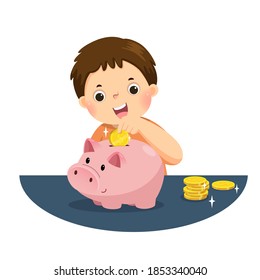 Vector Illustration Cartoon Of A Little Boy Putting Coin Into Piggy Bank For Saving Money And Plan Finance.