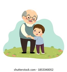Vector illustration cartoon of a little boy hugging his grandfather in the park.