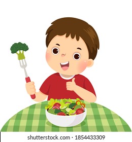 Vector illustration cartoon of a little boy eating fresh vegetable salad and showing thumb up sign.