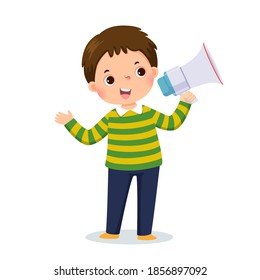 Vector illustration cartoon of a little boy shouting by megaphone and showing his hand.