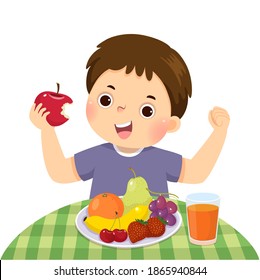 Vector illustration cartoon of a little boy eating red apple and showing his strength.