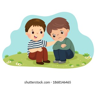 Vector illustration cartoon of little boy consoling his crying friend.