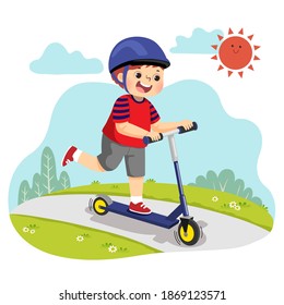 Vector illustration cartoon of little boy riding two-wheeled scooter in the park.