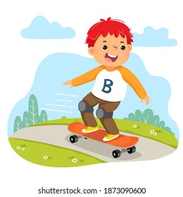 Vector illustration cartoon of little boy riding on skateboard in the park.