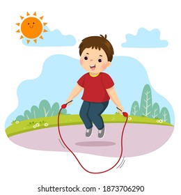 Vector illustration cartoon of little boy jumping rope in the park.
