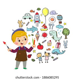 Vector illustration cartoon of little boy artist painting with color pencils and brush on white background.