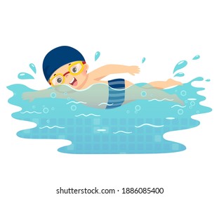 Vector illustration cartoon of little boy swimming in the pool.