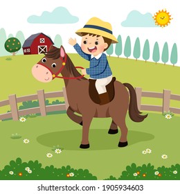 Caricatura de ilustración vectorial de un niño montando un caballo en la granja.