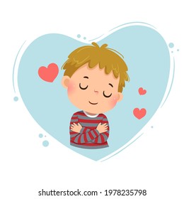 Vector illustration cartoon of a little boy hugging himself on blue heart background. Love yourself concept.