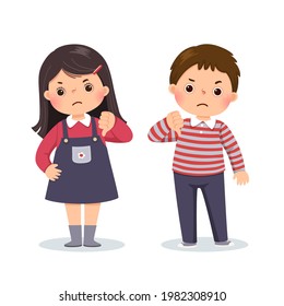 Vector illustration cartoon of a little boy and girl showing thumbs down with negative expression.