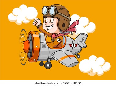 vector illustration of cartoon little boy operating a plane good for mascot logo and character design