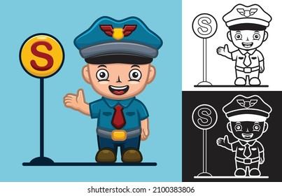 Vector illustration of cartoon little boy in police uniform with traffic sign