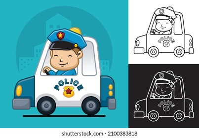 Vector illustration of cartoon little boy in police uniform on police car