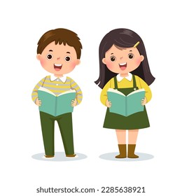 Vector illustration cartoon of a little boy and girl reading books