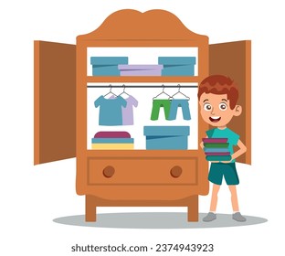 Vector illustration cartoon of a little boy putting stack of folded clothes in closet. Kids doing housework chores at home concept.