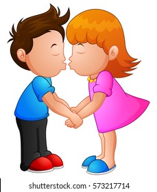 Vector illustration of Cartoon little boy and girl kissing