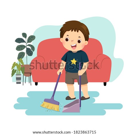 Vector illustration cartoon of a little boy sweeping the floor. Kids doing housework chores at home concept.