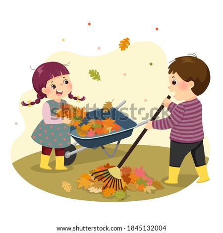 Vector illustration cartoon of a little boy and girl raking the leaves. Kids doing housework chores at home concept.