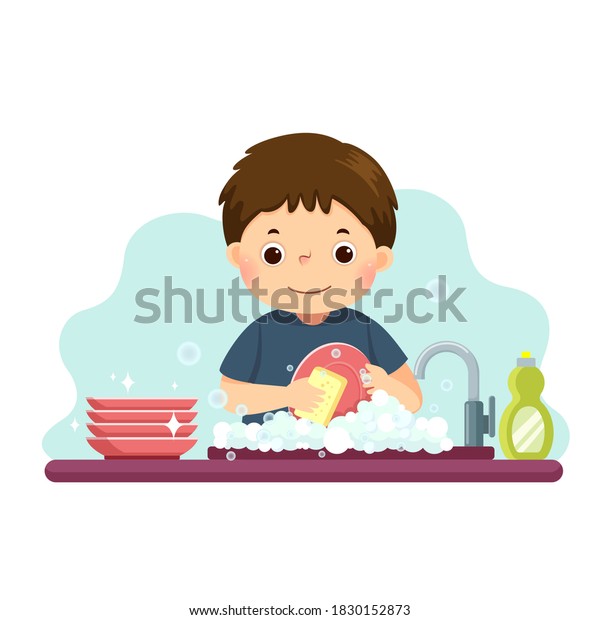 Vector\
illustration cartoon of a little boy washing the dishes in kitchen.\
Kids doing housework chores at home\
concept.