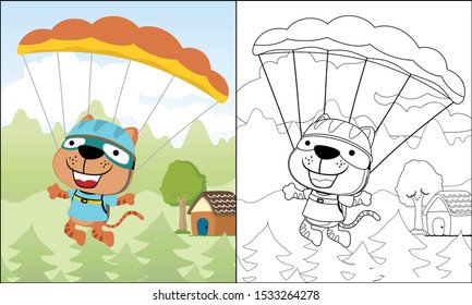 Vector illustration of cartoon little cat skydiving on nature background, coloring book or page