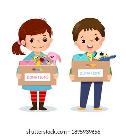 Vector illustration cartoon of little children girl and boy holding donation box with clothes and toys.