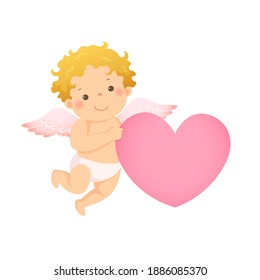 Vector illustration cartoon of little cupid with pink heart shaped. Vector illustration of a Valentine’s Day.