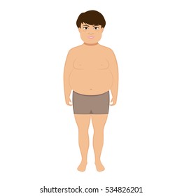 Vector illustration of cartoon little cute fat boy. Child suffering from obesity. Kid with overweight. Isolated white background. Flat style. Concept of childhood obesity. Fat boy in underwear.