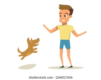 Vector Illustration Cartoon Little Dog and Boy. Concept image Friendship Man with Animal. Little Boy Playing with his Happily Dog Isolated on White Background. Red Dog Jumping Owner
