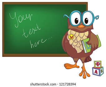  vector illustration-  cartoon little funny owl in class room near the  blackboard