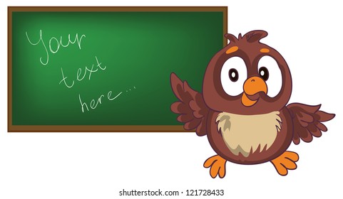  vector illustration-  cartoon little funny owl in class room near the  blackboard