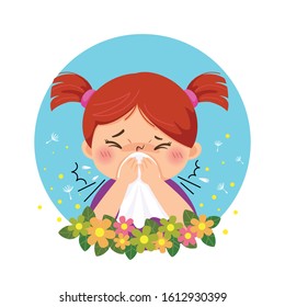 Vector illustration of cartoon little girl having allergies from pollen. Health Problems concept.