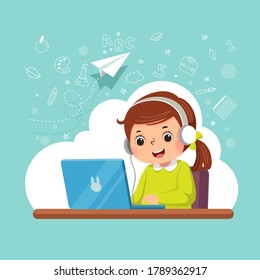 Vector illustration of a cartoon little girl wearing headphones learning with her laptop. Education concept.