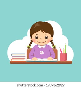 Vector illustration of a cartoon little girl reading a book on the desk.