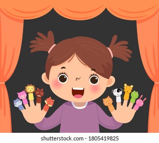 Vector illustration cartoon of little girl playing animal  finger puppets theatre.
