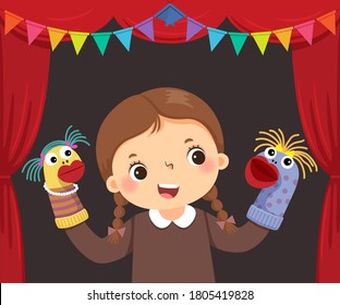 Vector illustration cartoon of little girl playing sock puppets theatre.