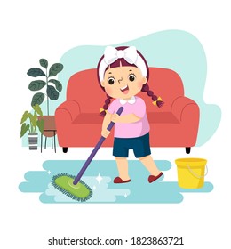 Vector illustration cartoon of a little girl mopping the floor. Kids doing housework chores at home concept.