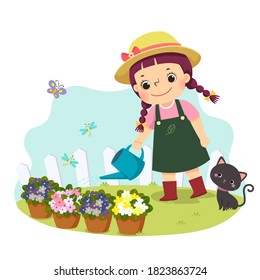 Vector Illustration Cartoon Of A Little Girl Watering Plant. Kids Doing Housework Chores At Home Concept.
