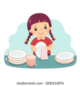 Vector illustration cartoon of a little girl drying the dishes at kitchen counter. Kids doing housework chores at home concept.