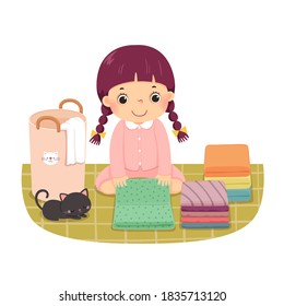 Vector illustration cartoon of a little girl folding clothes. Kids doing housework chores at home concept.