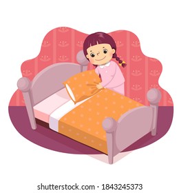 Vector illustration cartoon of a little girl making the bed. Kids doing housework chores at home concept.