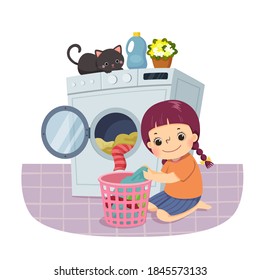 Vector illustration cartoon of a little girl doing the laundry. Kids doing housework chores at home concept.