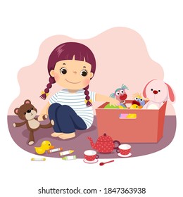 Vector illustration cartoon of a little girl putting her toys into the box. Kids doing housework chores at home concept.